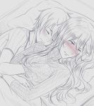  1boy 1girl blush breast_grab fire_emblem fire_emblem:_kakusei hand_under_clothes hand_under_shirt long_hair lucina lying mark_(fire_emblem) monochrome on_back on_bed pillow pout ribbed_sweater short_hair sleeping smile sweater tusia 