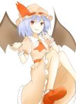  1girl :d bat_wings dress fang frilled_dress frills highres lavender_hair mob_cap open_mouth puffy_short_sleeves puffy_sleeves red_eyes remilia_scarlet short_hair short_sleeves smile subaru_izumi touhou wings wrist_cuffs 