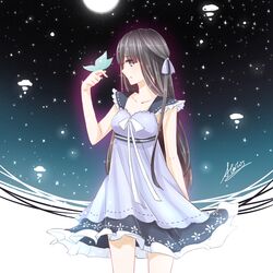  atatos black_hair blue_dress blue_eyes butterfly collarbone dress long_hair night night_sky original ribbon see-through sky 