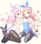  2girls animal_ears blush bunnysuit detached_collar green_eyes high_heels long_hair looking_at_viewer multiple_girls one_eye_closed pantyhose pink_eyes pink_hair pop&#039;n_music rabbit_ears shouni_(sato3) small_breasts stuffed_animal stuffed_bunny stuffed_toy wrist_cuffs 