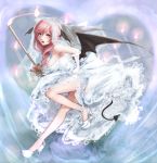  1girl alternate_costume bare_shoulders bat_wings blush breasts bridal_veil demon_girl demon_tail dress gloves head_wings high_heels hoshibuchi koakuma large_breasts long_hair looking_at_viewer multiple_wings open_mouth redhead solo tail touhou veil wedding_dress white_dress white_gloves wings 