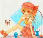  1girl ascot blonde_hair blood blood_on_face blood_on_fingers blue_background bow bowl butterfly_print collared_shirt dead_line flandre_scarlet flower grey_background hat hat_bow highres knife long_legs looking_at_viewer looking_to_the_side mob_cap pink_shoes pink_skirt puffy_short_sleeves puffy_sleeves pumps red_eyes short_sleeves side_ponytail single_wing sitting skirt skull smile spoon square touhou two-tone_background vest wings 