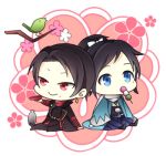  2boys arm_support bird blue_eyes blue_hakama brown_hair chibi dango earrings food hakama haori high_ponytail japanese_clothes japanese_white-eye jewelry kashuu_kiyomitsu long_hair lowres male_focus mole mole_under_eye mole_under_mouth mouth_hold multiple_boys ponytail purple_hair red_eyes red_scarf sakazuki sanshoku_dango scarf shinsengumi sitting skewer smile tokkuri touken_ranbu wagashi white_background white_scarf yamato-no-kami_yasusada yupopo_(hidame) 