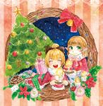  2girls bell blonde_hair blush bow candle candy candy_cane christmas_ornaments christmas_tree cloak closed_eyes flower gift green_eyes hair_bow highres kurodani_yamame mizuhashi_parsee multiple_girls night night_sky open_mouth pinecone piyo_(piyoko528) pointy_ears ribbon short_hair sky smile star striped striped_background touhou traditional_media waraningyou watercolor_(medium) wreath 