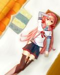  1girl akashi_(kantai_collection) green_eyes hair_ornament hair_ribbon highres kantai_collection kotatsu long_hair looking_at_viewer lying on_back on_floor open_mouth pink_hair ribbon school_uniform serafuku side_slit skirt solo table thigh-highs tress_ribbon twintails 