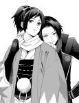  2boys bridal_gauntlets haori high_ponytail japanese_clothes kashuu_kiyomitsu kote looking_at_viewer male_focus mole mole_under_eye mole_under_mouth monochrome multiple_boys nail_polish parted_lips scarf shinsengumi simple_background touken_ranbu white_background yamato-no-kami_yasusada yupopo_(hidame) 