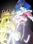  2girls belt blonde_hair blue_hair crossover female hat henshin henshin_pose kamen_rider kamen_rider_555 kamen_rider_orga kamen_rider_psyga kamishima_kanon moriya_suwako multiple_girls neon_trim parody touhou yasaka_kanako 