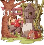  1boy amano_keita amazou bamboo belt boots brown_hair cat closed_eyes fangs ghost grass grin highres jibanyan lying multiple_tails notched_ear on_stomach open_mouth outdoors short_hair sleeping smile squatting star stone_lantern tail torii tree two_tails watch watch whisper_(youkai_watch) white_background youkai youkai_watch youkai_watch_(object) 