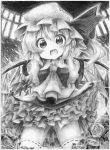  1girl absurdres flandre_scarlet highres looking_at_viewer monochrome open_mouth smile solo tobi_(nekomata_homara) touhou traditional_media wings 