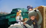  3girls anchovy beret blonde_hair blue_hair book bow brown_eyes cape carpaccio carro_armato_p40 caterpillar_tracks city closed_eyes crate drill_hair food fruit girls_und_panzer green_eyes green_hair hair_bow hat long_hair looking_at_another military military_vehicle multiple_girls necktie orange pantyhose pepperoni_(girls_und_panzer) school_uniform short_hair sitting sky sleeping sleeping_upright solokov_(okb-999) tank twin_drills vehicle white_legwear 