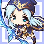  1girl blue_eyes blue_hair bow_(weapon) character_request chibi league_of_legends lowres open_mouth tobi_(nekomata_homara) weapon 