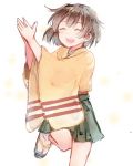  1girl :d ^_^ ankle_socks brown_hair closed_eyes geta green_skirt hakama_skirt hands_together hiryuu_(kantai_collection) japanese_clothes kantai_collection komachi_naruta one_leg_raised open_mouth pleated_skirt short_hair skirt smile solo 