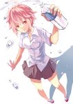  absurdres bottle collared_shirt d-frag! droplets highres kurenai907 looking_at_viewer mizukami_sakura no_lineart no_socks pink_hair red_eyes school_uniform shirt short_hair skirt standing water_bottle white_background white_shirt 