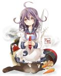  1girl ahoge apron basket cooking_pot highres kantai_collection long_hair purple_hair red_eyes taigei_(kantai_collection) tears torpedo tsumikisumi 