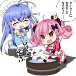  2girls :d ahoge black_bow black_choker blue_bow blue_bowtie blue_hair blush bow bowtie bucket chibi closed_eyes daisy_(flower_knight_girl) eyebrows_visible_through_hair flower_knight_girl gloves hair_bow hat kneeling long_hair multiple_girls nekota_susumu no_nose open_mouth pink_hair pink_skirt puffy_sleeves red_eyes shabonsou_(flower_knight_girl) short_hair skirt sleeves_past_wrists smile standing translation_request twintails white_background white_hat 