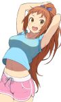  :d accho_(macchonburike) armpits arms_up bow boyshorts brown_eyes cowboy_shot hair_bow high_ponytail idolmaster idolmaster_cinderella_girls midriff navel open_mouth orange_hair short_shorts shorts simple_background smile sweat wakabayashi_tomoka white_background 