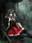  1girl boots bow carrot_(carrotsgame) forest front_ponytail green_eyes green_hair hair_bow highres kagiyama_hina looking_at_viewer nature puffy_short_sleeves puffy_sleeves red_eyes short_sleeves sitting smile solo touhou wrist_ribbon 