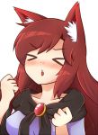  &gt;_&lt; 1girl animal_ears blush breasts brooch brown_hair clenched_hands dress howling imaizumi_kagerou jewelry long_hair meme nose_blush parody solo touhou wolf_ears wool_(miwol) 