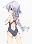  1girl ass back black_swimsuit blue_eyes competition_swimsuit ichidai_taisa izayoi_sakuya looking_at_viewer looking_back one-piece_swimsuit scarf silver_hair solo swimsuit touhou 