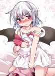  1girl bat_wings blush chemise commentary_request hammer_(sunset_beach) hat hat_removed headwear_removed looking_at_viewer red_eyes remilia_scarlet short_hair slit_pupils solo strap_slip touhou wings 