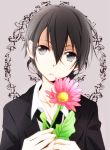  1boy black_eyes black_hair flower kirito necktie short_hair sword_art_online tsukimori_usako 
