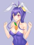  1girl animal_ears antenna_hair between_breasts blazblue blazblue_remix_heart blue_hair blush bow breasts bunny_girl bunnysuit carrot genderswap hair_bow highres large_breasts long_hair mai_natsume ponytail rabbit_ears red_eyes ribbon simple_background smile solo 