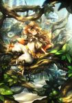  1girl barefoot brown_hair fantasy fish goldfish highres original puffy_short_sleeves puffy_sleeves short_sleeves smile solo sui_(petit_comet) tree underwater yellow_eyes 