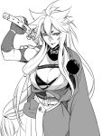  1girl breasts cleavage genderswap gloves japanese_clothes katana kogitsunemaru large_breasts long_hair low-tied_long_hair monochrome partly_fingerless_gloves sheath sheathed simple_background solo sword touken_ranbu very_long_hair weapon white_background zuwai_kani 