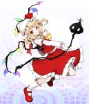  &gt;:) 1girl ascot blonde_hair blush bobby_socks collared_shirt dutch_angle flandre_scarlet highres huyusilver laevatein leaning_back looking_at_viewer mary_janes mob_cap red_eyes red_shoes shoes skirt skirt_set smile smirk socks touhou vest wavy_hair wings 