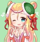  1girl ;d beads blonde_hair blue_eyes blush circlet green_background hair_bobbles hair_ornament hair_ribbon hair_rings hair_strand long_hair marshmallow_mille meimei_(p&amp;d) one_eye_closed open_mouth puzzle_&amp;_dragons ribbon simple_background smile solo turtle_shell twitter_username upper_body 