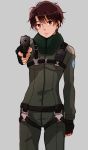  1boy aldnoah.zero brown_eyes brown_hair expressionless gun kaizuka_inaho pilot_suit solo tamami0122 weapon 