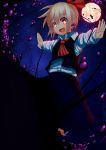  1girl :d black_skirt blonde_hair dark full_moon hair_ribbon inbe moon night open_mouth orange_eyes outstretched_arms ribbon rumia short_hair skirt smile spread_arms touhou vest 
