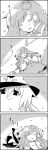  1girl 4koma bow closed_eyes comic detached_sleeves frog_hair_ornament hair_ornament hat hat_bow highres kirisame_marisa kochiya_sanae long_hair lying monochrome on_side open_mouth petals shirt skirt sleeping smile snake_hair_ornament tani_takeshi touhou wide_sleeves witch_hat yukkuri_shiteitte_ne 