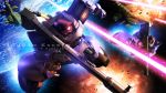  3d battle bazooka dom earth energy_beam english explosion gundam highres mecha mobile_suit_gundam musai realistic s.hasegawa science_fiction signature space space_craft star star_(sky) starry_background weapon 