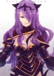  1girl breasts camilla_(fire_emblem_if) cleavage fire_emblem fire_emblem_if hair_over_one_eye highres long_hair looking_at_viewer pasu purple_hair red_eyes smile solo 