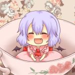  1girl ^_^ bat_wings blue_hair closed_eyes cup detached_sleeves fang open_mouth remilia_scarlet short_sleeves shuiro sitting solo teacup touhou wings 