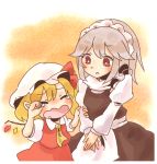  2girls blonde_hair closed_eyes commentary_request crying flandre_scarlet hair_ribbon izayoi_sakuya long_sleeves mob_cap multiple_girls open_mouth red_ribbon ribbon short_hair short_sleeves tears touhou wataame_(quality) wavy_mouth 