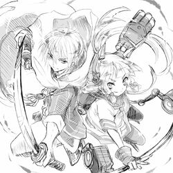  1boy 1girl back-to-back cannon crossover fudeyama_(fudeco) kantai_collection long_hair monochrome murakumo_(kantai_collection) short_hair sketch sword touken_ranbu weapon yamanbagiri_kunihiro 