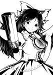  1girl arm_cannon bow hair_bow highres jonasan_(bad-t) long_hair monochrome reiuji_utsuho skirt smile solo third_eye touhou weapon wings 