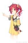  1girl ahoge apple artist_name bag brown_eyes brown_hair collarbone finger_gun food fruit grin holding looking_at_viewer off_shoulder original scrunchie senji_(tegone_spike) side_ponytail smile solo tank_top white_background 