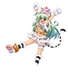  animal_ears anklet arms_up cat_ears chain crop_top earrings elephant fang gloves green_hair highres jewelry koihime_musou kuwada_yuuki long_hair midriff moukaku open_mouth paw_gloves red_eyes skirt smile tail 