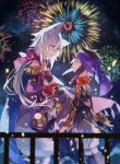  aerial_fireworks animal_ears blue_eyes eye_contact fireworks holding_hands long_hair looking_at_another merc_storia phoenix0 short_hair white_hair 
