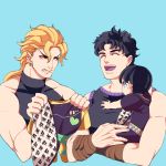  3boys baby bib black_hair blonde_hair dio_brando earrings father_and_son giorno_giovanna jewelry jojo_no_kimyou_na_bouken jonathan_joestar laughing multiple_boys red_eyes takanashi_hinami younger 