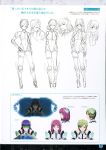  3girls armor bodysuit concept_art green_eyes green_hair headgear highres leotard long_hair monochrome multiple_girls purple_hair rakuen_tsuihou simple_background violet_eyes visor white_background 