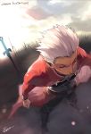  1boy archer closed_eyes dark_skin ege_(597100016) fate/stay_night fate_(series) field_of_blades from_above highres solo unlimited_blade_works white_hair 