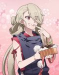  1672 1boy androgynous box chocolate chocolate_heart eating eyes_visible_through_hair finger_to_mouth flower food food_on_face hair_over_one_eye heart ima-no-tsurugi japanese_clothes male_focus pom_pom_(clothes) red_eyes silver_hair touken_ranbu 