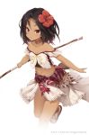  1girl :o artist_name bare_shoulders black_hair bow_(weapon) brown_eyes choker collarbone flower hair_flower hair_ornament holding looking_at_viewer midriff navel open_mouth original sandals senji_(tegone_spike) short_hair solo tail tan weapon white_background 