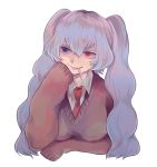  1girl blue_eyes blue_hair candy food_in_mouth heterochromia koide lollipop long_hair long_sleeves necktie red_eyes simple_background sleeves_past_wrists smile solo tokyo_ghoul tokyo_ghoul:re twintails upper_body white_background yonebayashi_saiko 
