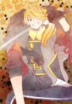  1boy black_gloves blue_eyes gloves grin hair_over_one_eye katana long_hair looking_at_viewer male_focus mismatched_gloves orange_hair ponytail shishiou sitting smile sword touken_ranbu weapon yupopo_(hidame) 