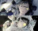  1girl black_hair compass glasses looking_at_viewer moon open_mouth original sawasawa short_hair space spacesuit telescope 
